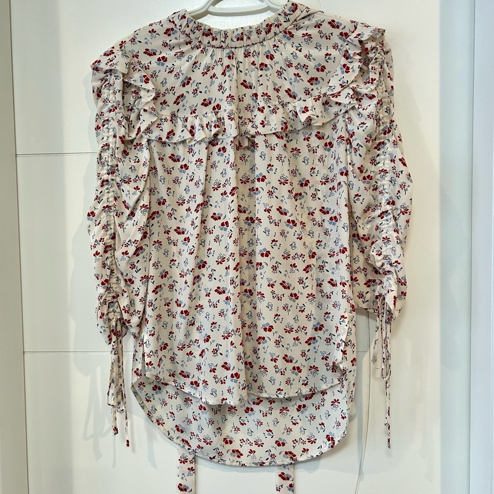 Veronica Beard Howell Floral Ruched Sleeve Silk Blouse